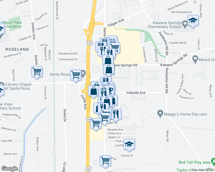 map of restaurants, bars, coffee shops, grocery stores, and more near 2664 Santa Rosa Avenue in Santa Rosa