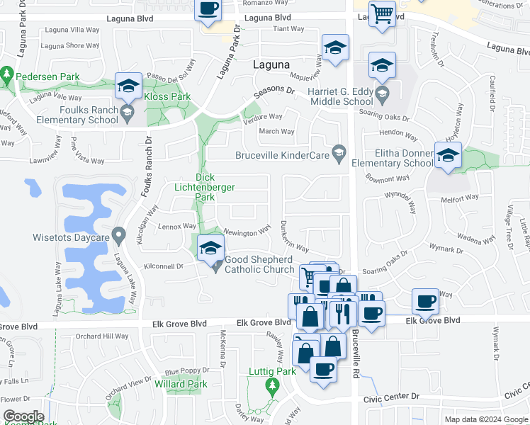 map of restaurants, bars, coffee shops, grocery stores, and more near 9442 Newington Way in Elk Grove