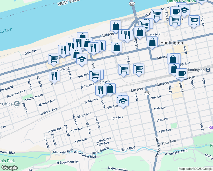 map of restaurants, bars, coffee shops, grocery stores, and more near 721 2nd Street in Huntington