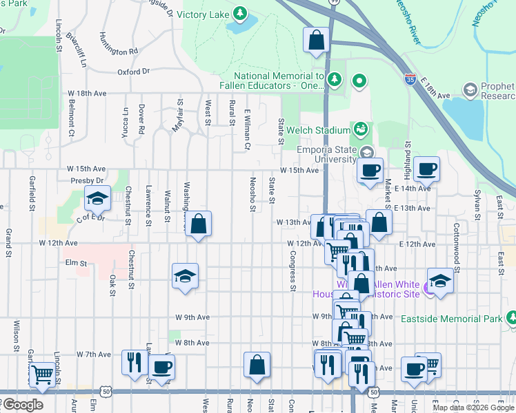 map of restaurants, bars, coffee shops, grocery stores, and more near 1302 Neosho Street in Emporia
