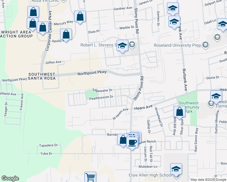 map of restaurants, bars, coffee shops, grocery stores, and more near 2664 Pearblossom Drive in Santa Rosa