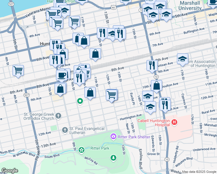 map of restaurants, bars, coffee shops, grocery stores, and more near 928 Eutaw Place in Huntington