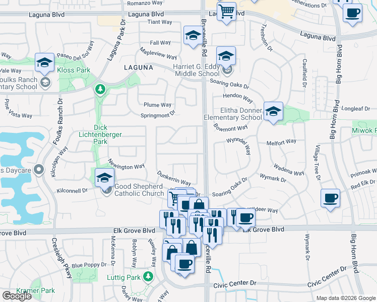 map of restaurants, bars, coffee shops, grocery stores, and more near 7209 Ballygar Way in Elk Grove