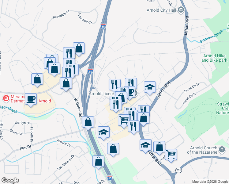 map of restaurants, bars, coffee shops, grocery stores, and more near 3267 Richardson Place Road in Arnold