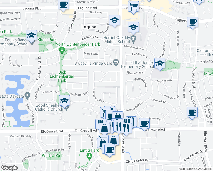 map of restaurants, bars, coffee shops, grocery stores, and more near 7029 Rathmore Court in Elk Grove