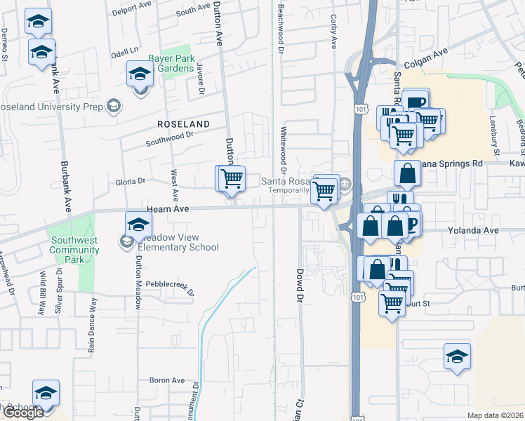 map of restaurants, bars, coffee shops, grocery stores, and more near 2627 Victoria Drive in Santa Rosa