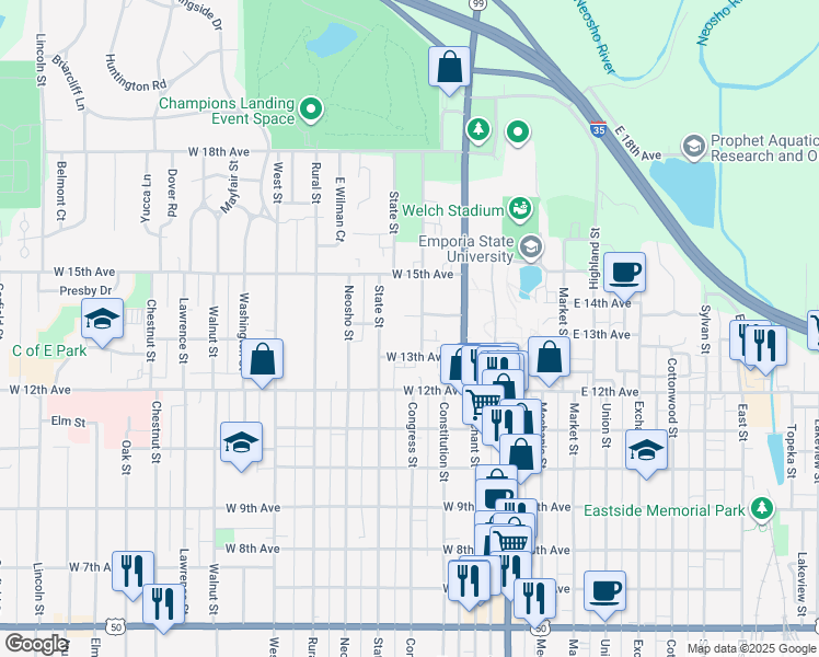 map of restaurants, bars, coffee shops, grocery stores, and more near 316 West 13th Avenue in Emporia