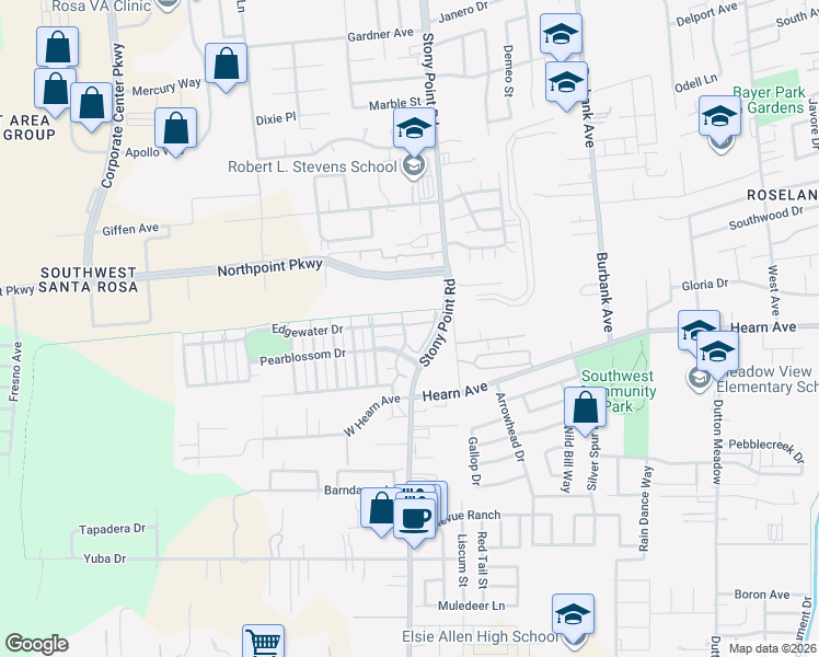 map of restaurants, bars, coffee shops, grocery stores, and more near 2508 Pearblossom Drive in Santa Rosa