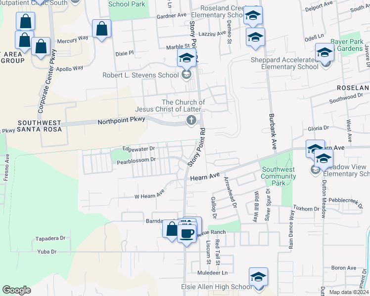 map of restaurants, bars, coffee shops, grocery stores, and more near 2400 Edgewater Drive in Santa Rosa