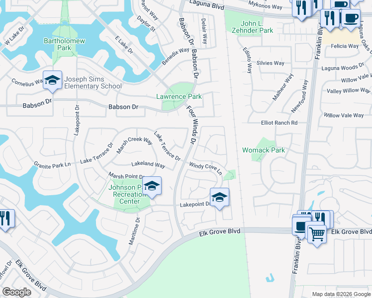 map of restaurants, bars, coffee shops, grocery stores, and more near 9436 Windrunner Lane in Elk Grove