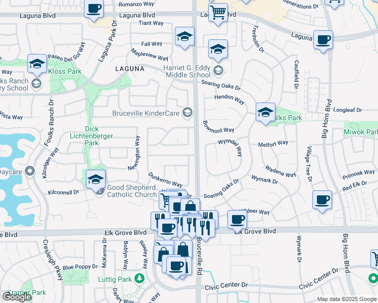 map of restaurants, bars, coffee shops, grocery stores, and more near 7229 Sutherland Way in Elk Grove