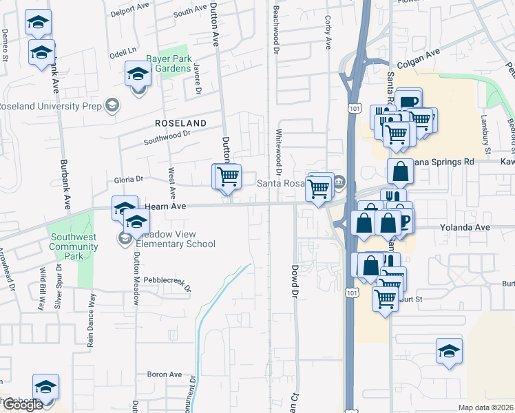 map of restaurants, bars, coffee shops, grocery stores, and more near 2627 Victoria Drive in Santa Rosa