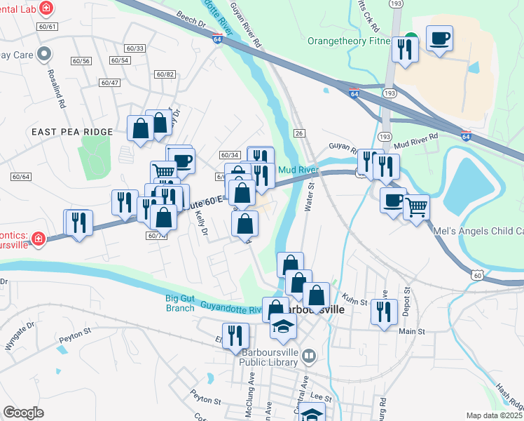 map of restaurants, bars, coffee shops, grocery stores, and more near 6435 U.S. 60 in Barboursville