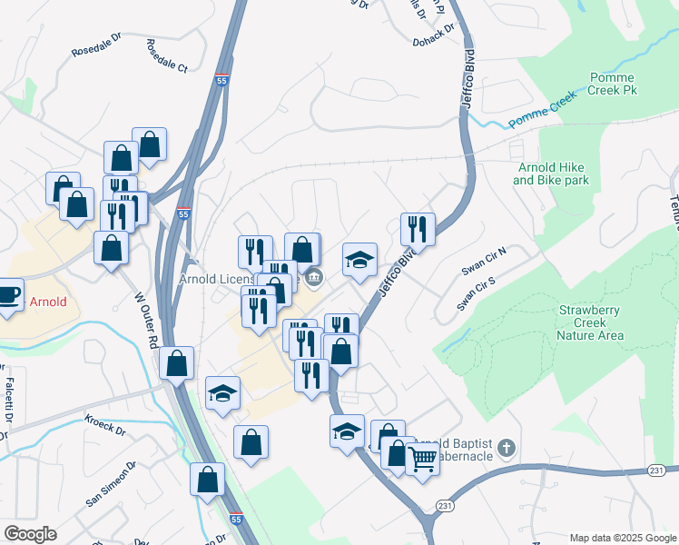 map of restaurants, bars, coffee shops, grocery stores, and more near 3589 Saint Johns Church Road in Arnold
