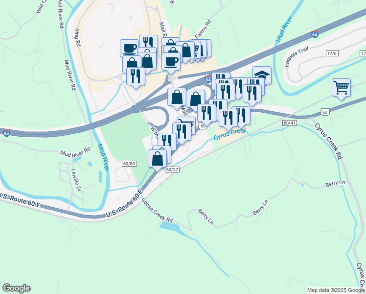 map of restaurants, bars, coffee shops, grocery stores, and more near 3470 Midland Trail in Barboursville