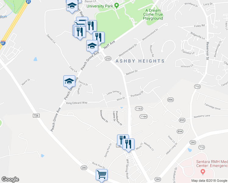map of restaurants, bars, coffee shops, grocery stores, and more near Little Sorrell Drive in Harrisonburg