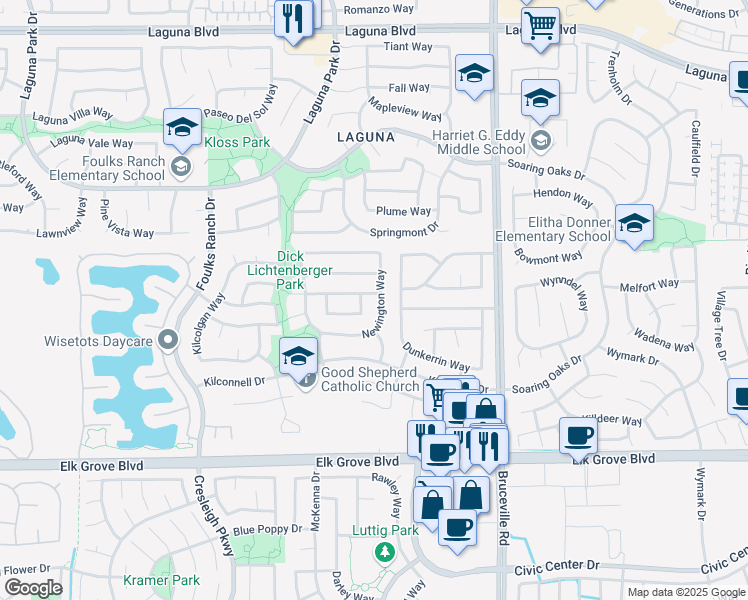 map of restaurants, bars, coffee shops, grocery stores, and more near 6754 Ashington Way in Elk Grove