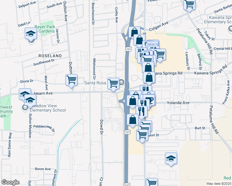map of restaurants, bars, coffee shops, grocery stores, and more near Hearn Ave & Corby Ave in Santa Rosa