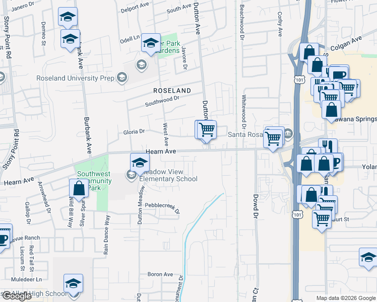 map of restaurants, bars, coffee shops, grocery stores, and more near 1180 Gloria Drive in Santa Rosa