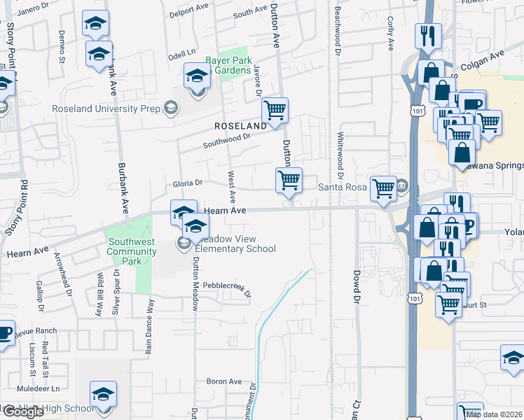 map of restaurants, bars, coffee shops, grocery stores, and more near 1180 Gloria Drive in Santa Rosa