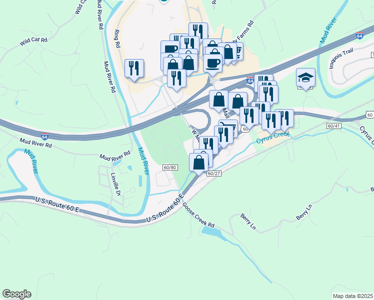 map of restaurants, bars, coffee shops, grocery stores, and more near 3555 U.S. 60 in Barboursville