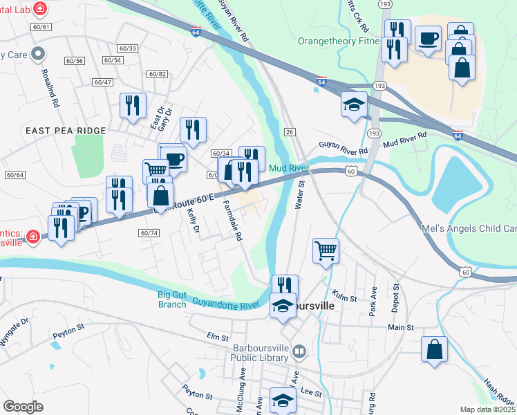map of restaurants, bars, coffee shops, grocery stores, and more near 6435 U.S. 60 in Barboursville