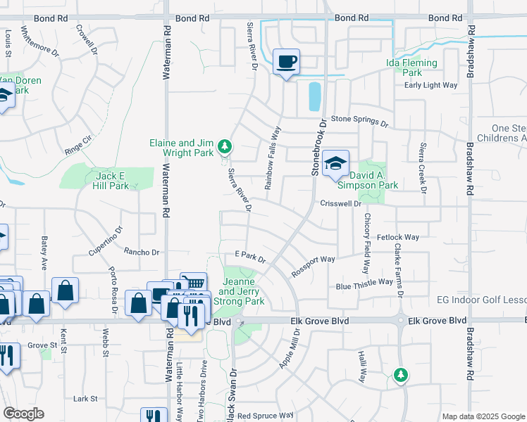 map of restaurants, bars, coffee shops, grocery stores, and more near 9421 Lyndley Plaza Way in Elk Grove