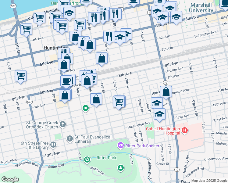 map of restaurants, bars, coffee shops, grocery stores, and more near 1145 9th Avenue in Huntington
