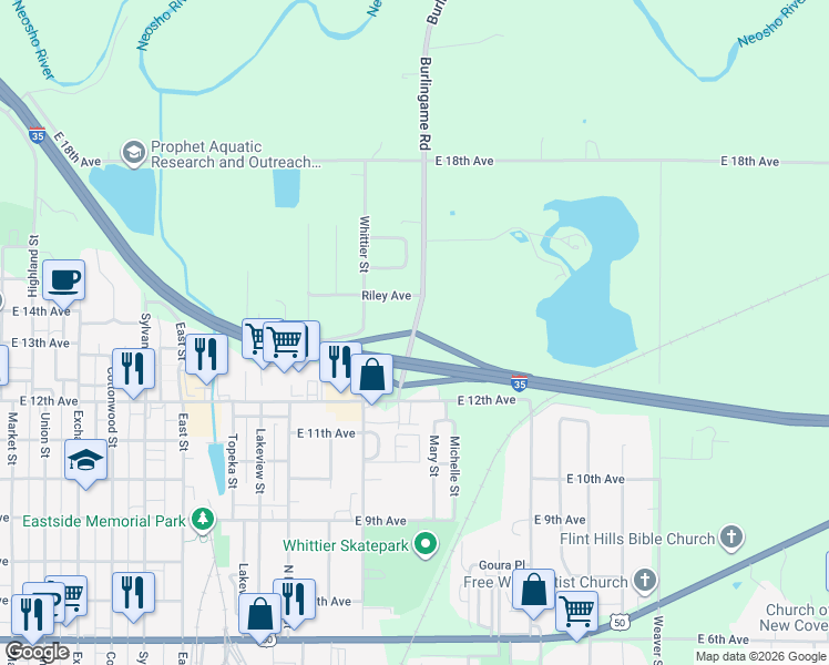 map of restaurants, bars, coffee shops, grocery stores, and more near 1401 Burlingame Road in Emporia