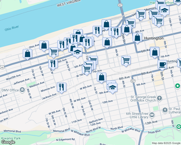 map of restaurants, bars, coffee shops, grocery stores, and more near 698 1st Street in Huntington