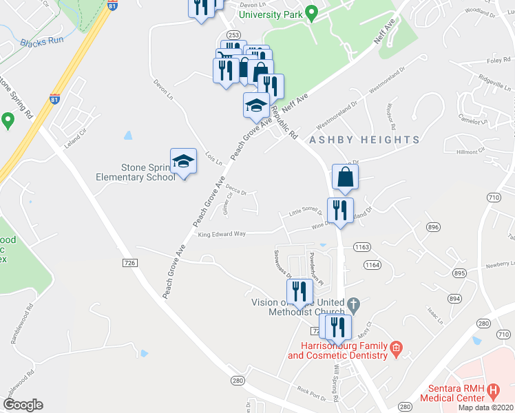 map of restaurants, bars, coffee shops, grocery stores, and more near 1511 Apple Ridge Court in Harrisonburg