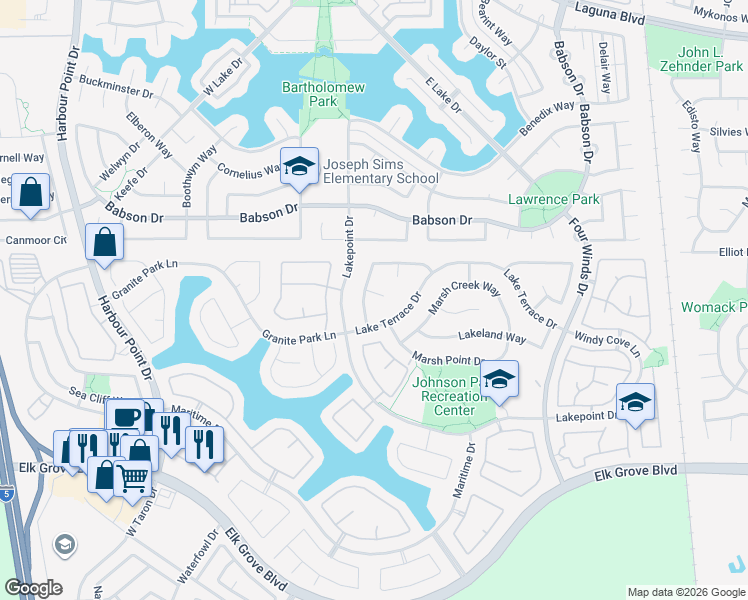 map of restaurants, bars, coffee shops, grocery stores, and more near 3220 Bridlevail Court in Elk Grove