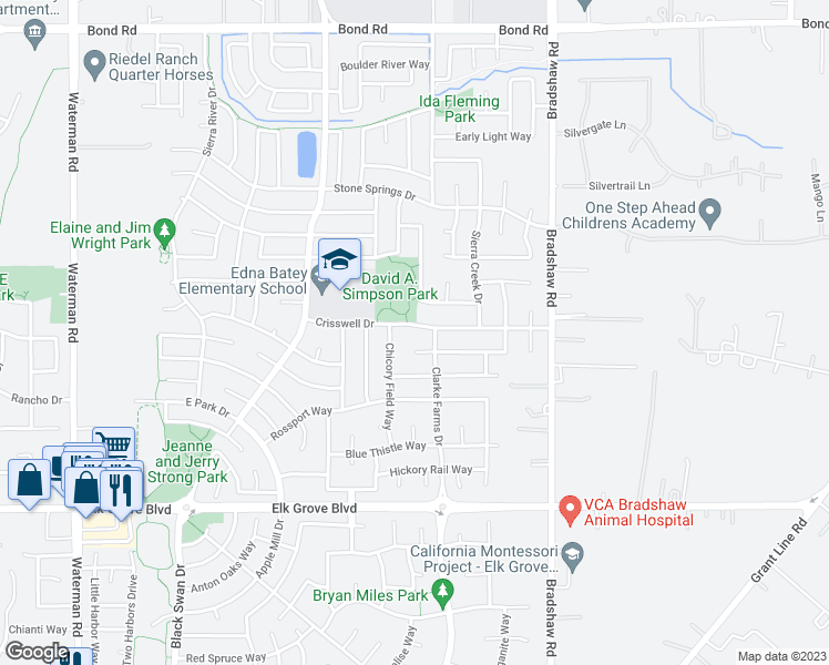 map of restaurants, bars, coffee shops, grocery stores, and more near 9582 Crisswell Drive in Elk Grove