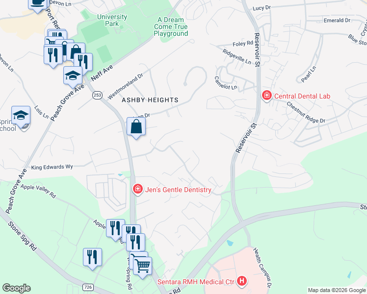 map of restaurants, bars, coffee shops, grocery stores, and more near 1157 Springfield Dr in Harrisonburg