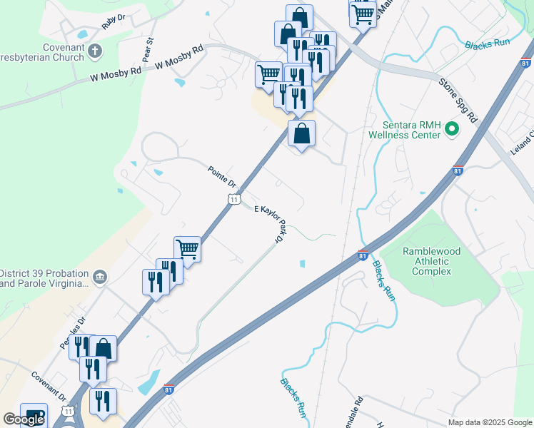 map of restaurants, bars, coffee shops, grocery stores, and more near 2862 South Main Street in Harrisonburg