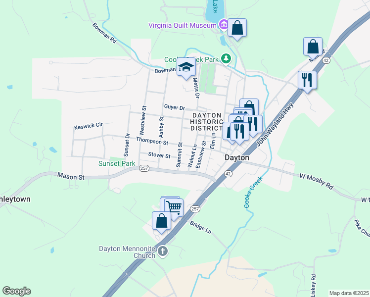map of restaurants, bars, coffee shops, grocery stores, and more near 490 Thompson Street in Dayton