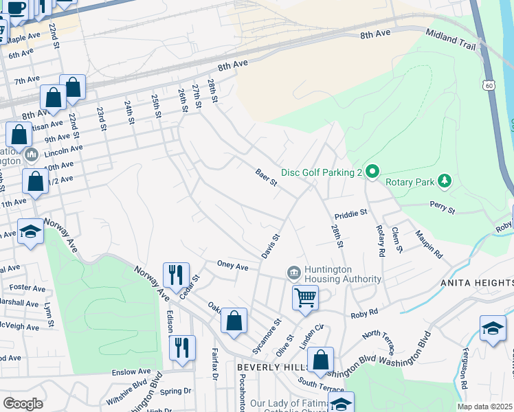 map of restaurants, bars, coffee shops, grocery stores, and more near 1262 26th Street in Huntington