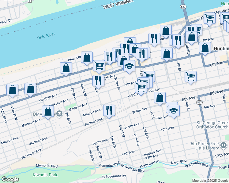 map of restaurants, bars, coffee shops, grocery stores, and more near 316 6th Avenue West in Huntington