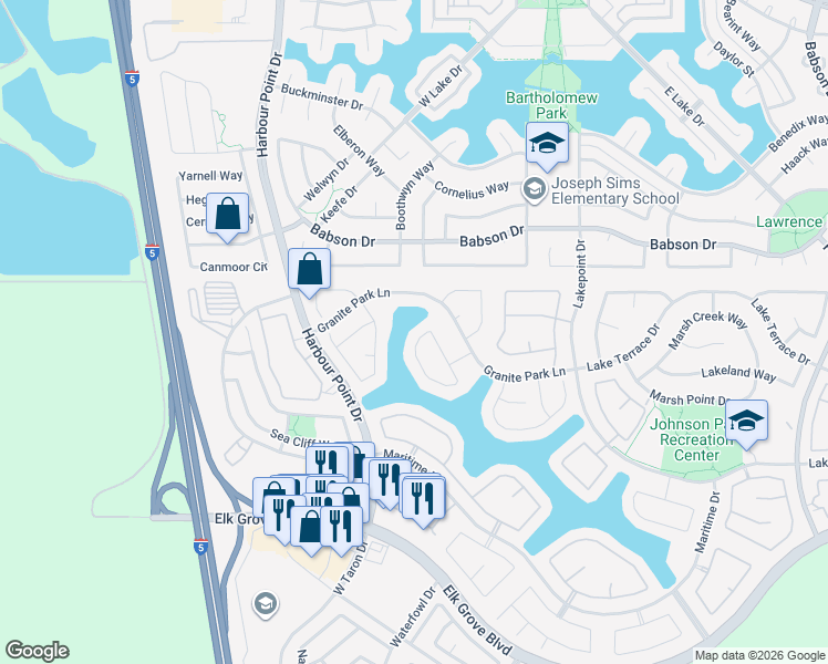 map of restaurants, bars, coffee shops, grocery stores, and more near 2702 Granite Park Lane in Elk Grove