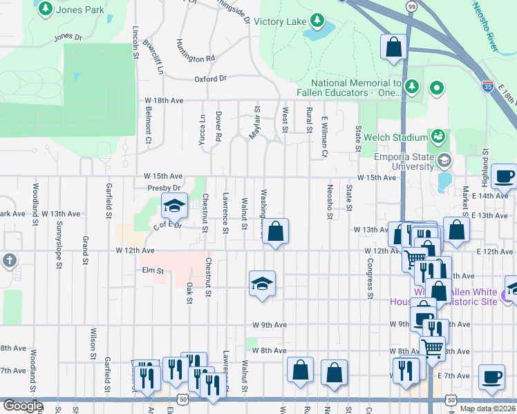map of restaurants, bars, coffee shops, grocery stores, and more near 1402-1414 Washington Street in Emporia