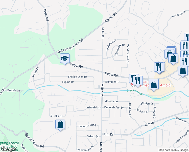 map of restaurants, bars, coffee shops, grocery stores, and more near 2935 Shelley Lynn Drive in Arnold