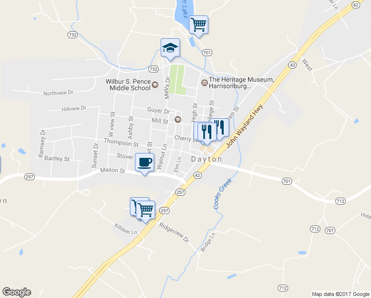 map of restaurants, bars, coffee shops, grocery stores, and more near 215 High Street in Dayton