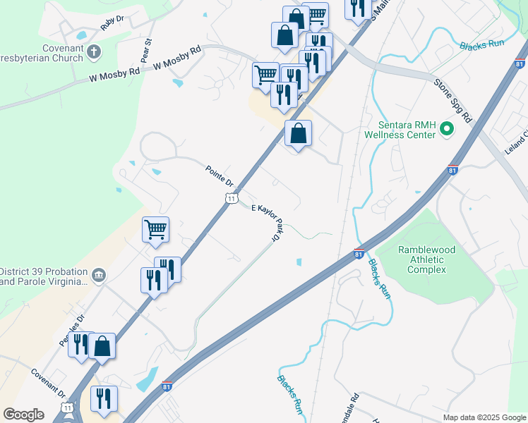 map of restaurants, bars, coffee shops, grocery stores, and more near 2862 South Main Street in Harrisonburg