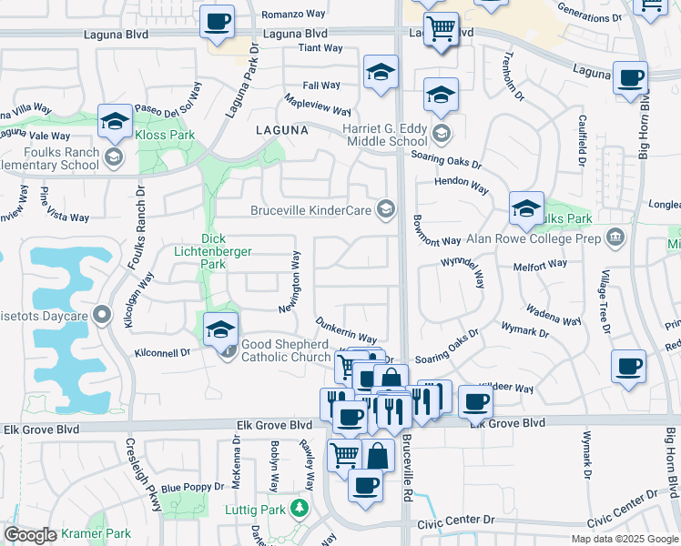 map of restaurants, bars, coffee shops, grocery stores, and more near 7104 Saltgrass Way in Elk Grove