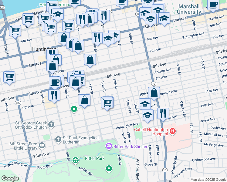 map of restaurants, bars, coffee shops, grocery stores, and more near 1234 9th Avenue in Huntington