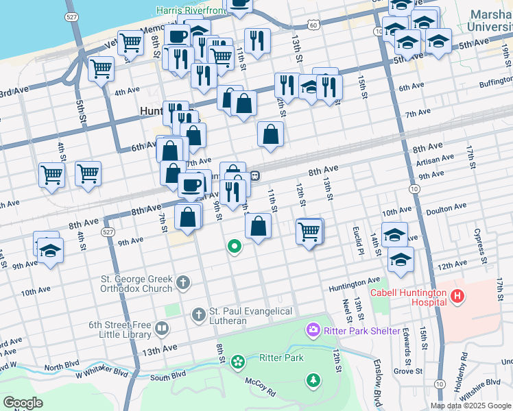 map of restaurants, bars, coffee shops, grocery stores, and more near 1007 8th Avenue in Huntington