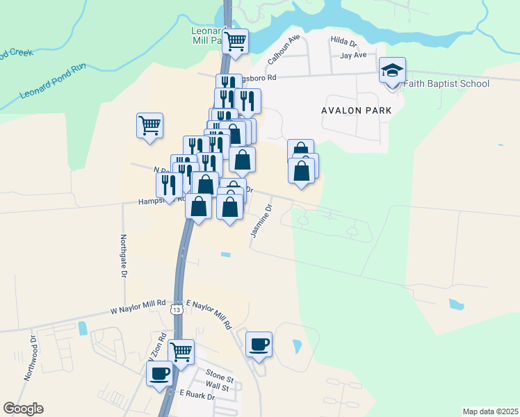 map of restaurants, bars, coffee shops, grocery stores, and more near 112 East North Pointe Drive in Salisbury