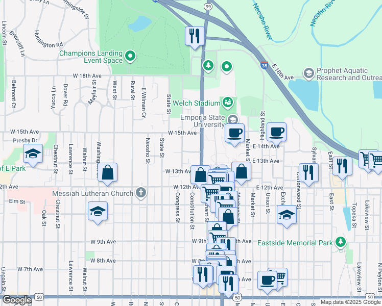 map of restaurants, bars, coffee shops, grocery stores, and more near 1412 Center Street in Emporia