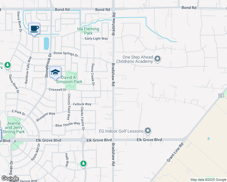 map of restaurants, bars, coffee shops, grocery stores, and more near Bradshaw Road & Crisswell Drive in Elk Grove