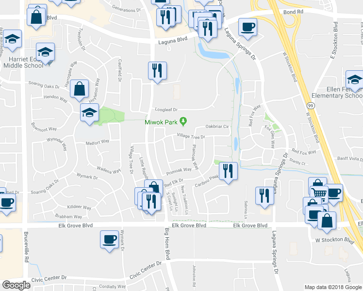 map of restaurants, bars, coffee shops, grocery stores, and more near 9465 Winewood Circle in Elk Grove